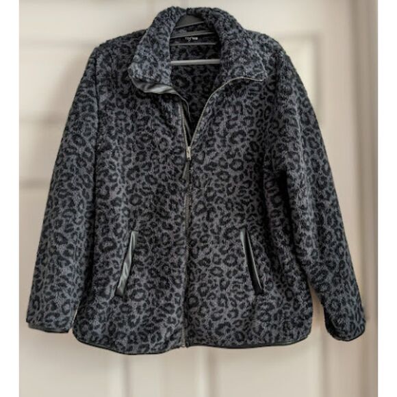 Torrid Faux Shearling Charcoal Leopard Print Grey Zip Front Jacket Size 1X 14-16 - Picture 4 of 7